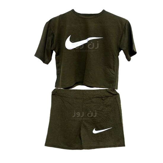 ست کراپ و شورتک طرح نایک (Nike)-زیتونی