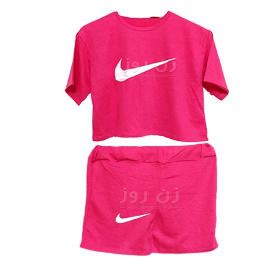 ست کراپ و شورتک طرح نایک (Nike)-سرخابی