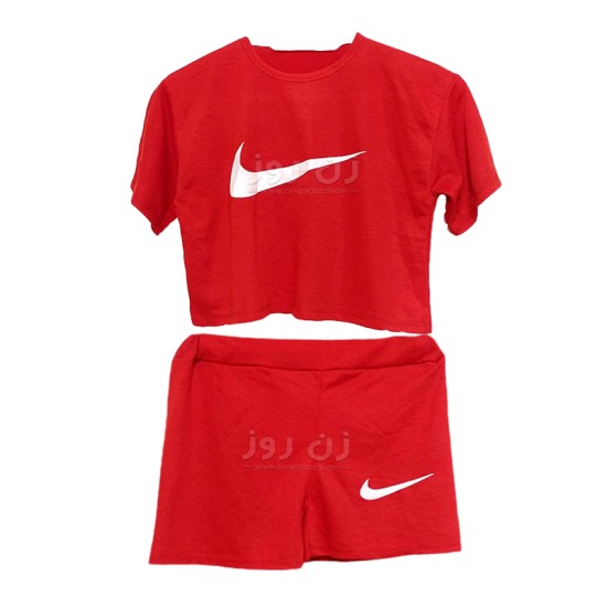 ست کراپ و شورتک طرح نایک (Nike)-قرمز